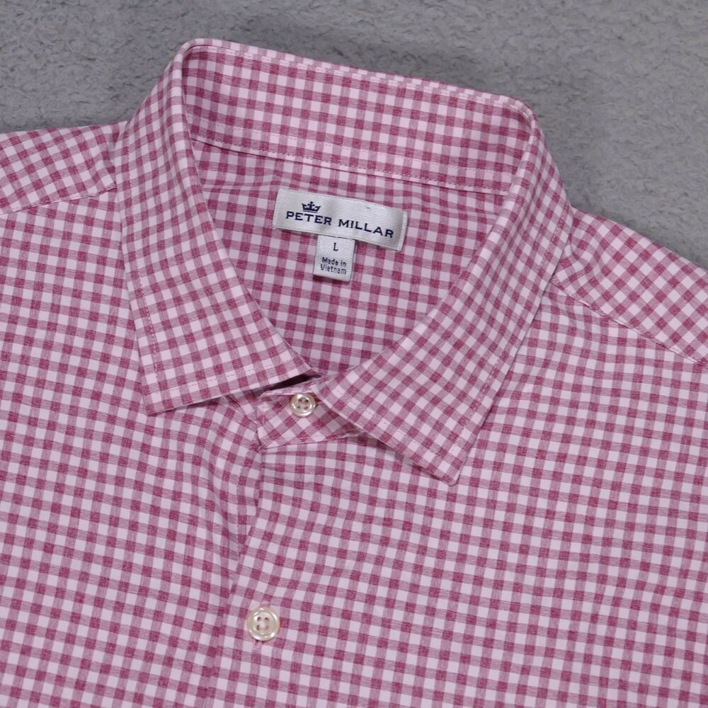 Peter Millar Crown Button Up Shirt Men Large Pink Check Long Sleeve Polyester